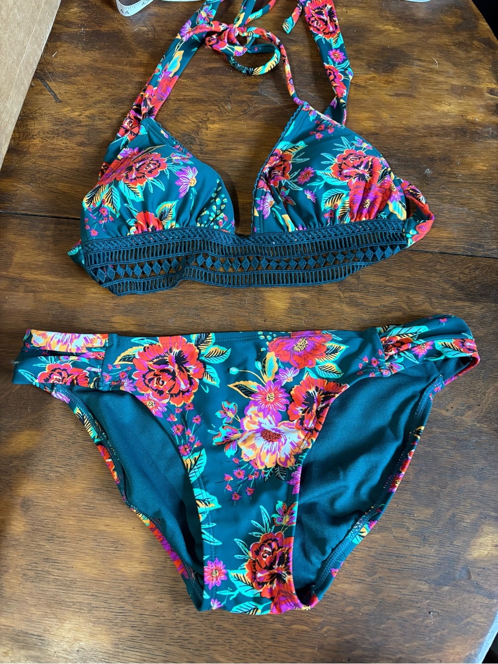 Xhilaration Teal Floral Crochet Bikini Set - Top Small / Bottom Medium